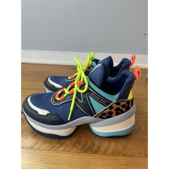 Michael Kors Olympia Chunky Wedge Trainer Sneakers Sapphire Sig Semi Lux 7.5 - Picture 4 of 7